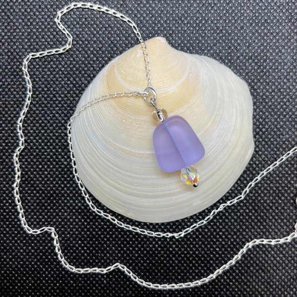 Purple Sea Glass Necklace Sterling Silver Chain Handmade - Picture 3 of 4